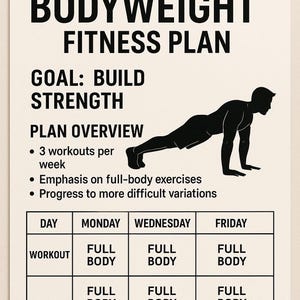 Peut inclure: Une affiche beige présentant un plan de fitness au poids du corps. Le texte comprend "PERSONALIZED BODYWEIGHT FITNESS PLAN" et "GOAL: BUILD STRENGTH". Il détaille un plan avec 3 entraînements par semaine, des exercices complets et une silhouette d'une personne en position de pompes.