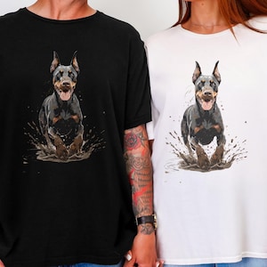 Muddy Doberman Shirt, Funny Dog Lover Gift, Gildan 64000 Tee, Doberman Splash Graphic Tee, Pet Parent Shirt, Unisex Animal Lover Top