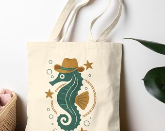 Coastal Cowgirl Canvas Tote, Seahorse Cowboy Tote Bag, Western Beach Bag, Funny Cowgirl Gift, Yeehaw Summer Aesthetic, Reusable Grocery Bag