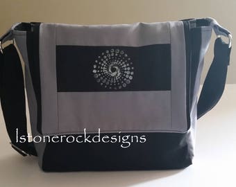 Black and Gray Tote Bag Spiral Print Flap Patchwork