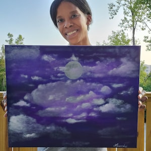 Vibrant Night Sky Painting - Mesmerizing Purple Sky Cloud and Full Moon Night Painting Reflections Wall Decor