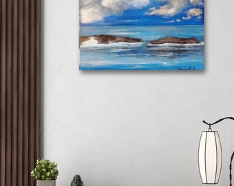 Hand-Painted Blue Sky Cloud Painting on Canvas - Captivating Acrylic Wall Art Watercolor Painting for a Tranquil Home Decor Ambiance