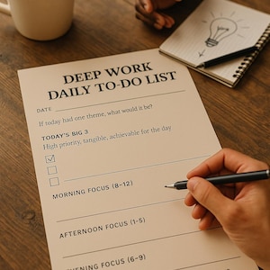 以下が含まれることがあります： DEEP WORK DAILY TO-DO LISTと題されたベージュ色の紙製プランナーシート。日付、一日のテーマ、今日の3つの大きなタスク、午前・午後・夜の時間枠、そして一日の振り返りセクションが記載されています。