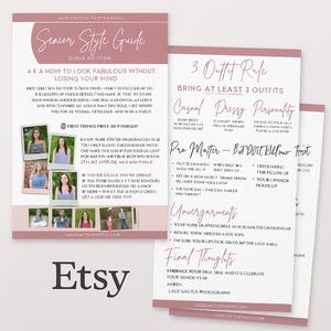 May include: A senior style guide with the text "Senior Style Guide" and "Girls Griton". The guide includes advice on looking fabulous, outfit rules, and tips for senior photos. The Etsy logo is visible at the bottom.