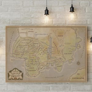 May include: A framed map of the fictional world of Nuboria, with detailed geographical features and text. The map is in a wooden frame and hangs on a white brick wall, illuminated by hanging light fixtures.