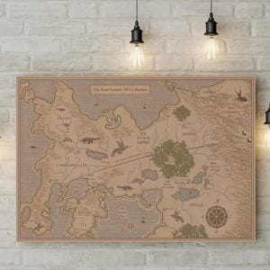 May include: A framed map with the title "The Four Corners Of Civilization" in a tan and brown color scheme. The map features illustrations of animals, compass rose, and text. The map is hanging on a white brick wall with black pendant lights.