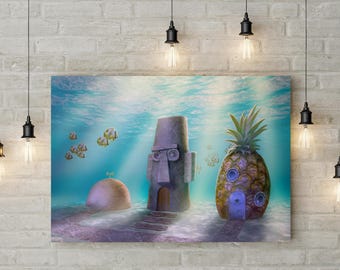 Een vierkante spons die onder de zee leeft - Ontworpen door een fan - Kunst op canvas of poster