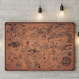 May include: A detailed map of a fantasy world, with intricate illustrations of landscapes, castles, and landmarks, in shades of brown and black. The map is displayed on a brick wall, lit by hanging light fixtures.