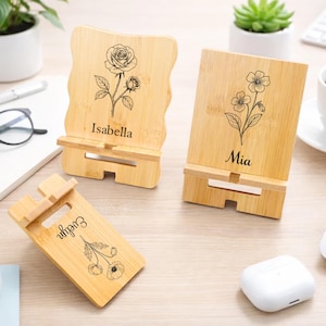 Personalized Bamboo Wooden Mobile Phone Stand, Custom Name iPhone Holder, Desk Phone Holder, Father's Day Gift, Mother's Day Gift