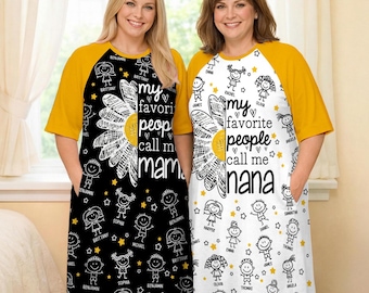 Spersonalizowana dziecięca koszula nocna z kreskówkową grafiką (1-16) z imieniem i boczną kieszenią – do noszenia na co dzień, prezent na Dzień Matki/urodziny dla babci i mamy