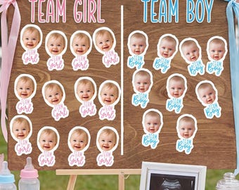 Custom Face Gender Reveal Stickers - Team Boy Team Girl, Baby Shower Decor, Favor Packing Labels for New Parents