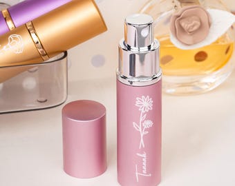 Perfume portátil personalizado com flor de nascimento e nome – Estojo com bomba recarregável para madrinhas, amigas e como presente para ela.