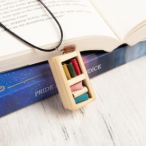 Handmade Personalized Bordeaux Wooden Miniature Bookcase Necklace, Custom Name, Book Lover, Mother's Day Gift