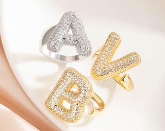 Anillo con inicial pavé personalizado, delicado anillo con letra de circonita 3D, anillo abierto ajustable, regalo de cumpleaños, aniversario o día de la madre para ella o mamá.