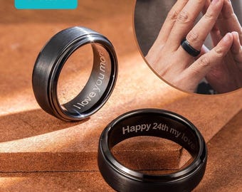 Anillo de tungsteno negro personalizado con texto grabado en el interior - Alianza de boda para hombre para San Valentín, aniversario y Día del Padre.