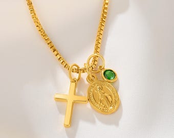 Custom Cross Virgin Mary Medal Necklace with Birthstone, Dainty Religious Jewelry, Birthday/Confirmation Gift for Her/Mom/Family/Friends