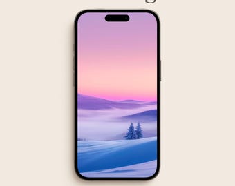 Dreamy Winter Landscape Wallpaper | Pink & Purple Snow Mountains Phone Background | Minimal Nordic iPhone Wallpaper