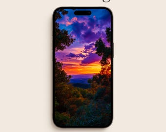 Sunset Landscape Phone Wallpaper, Purple Sky Mountain iPhone Background, Forest Nature Samsung Galaxy Wallpaper | Digital Download | WP003