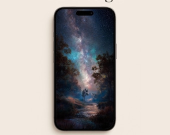 Milky Way River Phone Wallpaper, Night Forest iPhone Background, Stars Samsung Galaxy Digital Download | Space Landscape Wallpaper | WP005