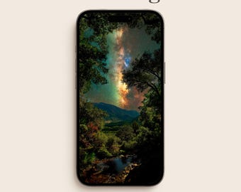 Milky Way Galaxy Phone Wallpaper, Night Sky Forest iPhone Wallpaper, Dark Stars Samsung Background | Digital Download | WP001