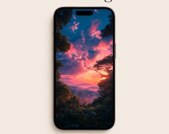 Sunset Mountain Phone Wallpaper, Pink Sky Forest iPhone Wallpaper, Tropical Landscape Samsung Galaxy Background | Digital Download | WP002