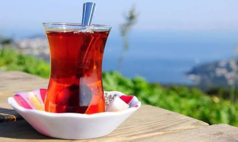 May include: A glass of Turkish tea, filled with a rich, red liquid, sits on a white saucer with a colourful rim. A small spoon rests in the tea. The background features a blurred view of the sea and greenery.