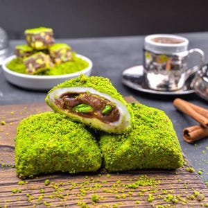 Pistachio Coated Turkish Delight with Chocolate Filling: Handmade Gourmet Candy