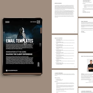 May include: A digital tablet displays a black and white document titled "Client Email Templates." The document features text and a graphic of a person in a spacesuit. The tablet is on a neutral background, with additional pages of the document visible.