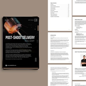 May include: A black tablet displays the title "POST-SHOOT DELIVERY EMAIL SCRIPT" with a graphic of a space station. The text describes a script for guiding clients through the final image delivery process. The background is a neutral brown.