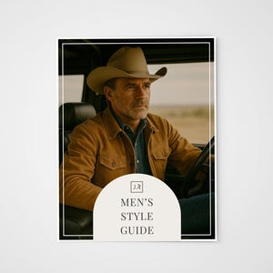 May include: A man wearing a tan cowboy hat and a brown suede jacket, sitting in a vehicle. The image includes the text "MEN'S STYLE GUIDE" on a cream-colored background.