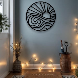 Sun and Waves Metal Wall Ornament –Coastal Outdoor Sign, Beach & Lake House Decor, Patio Wall Art, Round Sun and Wave Design,