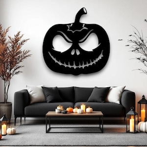 Metalowa dekoracja ścienna z dynią na Halloween – sylwetka Jack-o'-Lantern, upiorna dekoracja ganku i ogrodu, dekoracja ścienna „cukierek albo psikus” – Home Accents