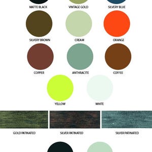 May include: A color palette featuring various hues and textures. The image displays circular color swatches labeled "Matte Black," "Vintage Gold," "Silvery Blue," and more. Also included are textured samples labeled "Gold Patinated" and "Silver Patinated."