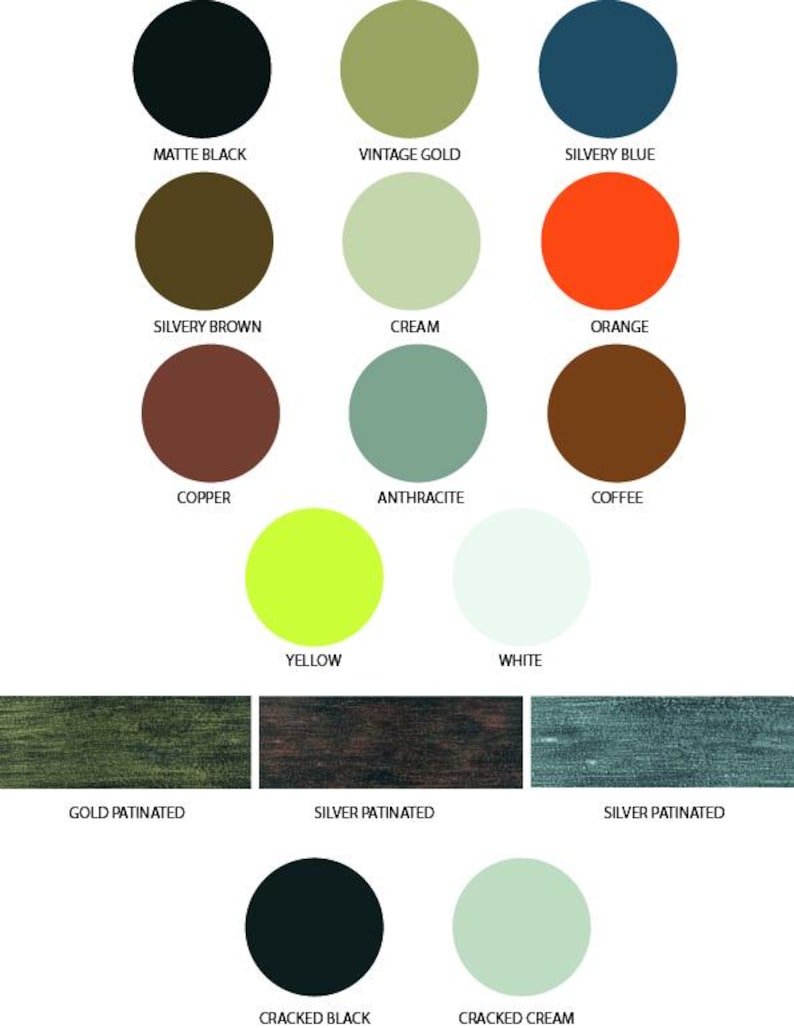 May include: A color palette featuring various hues and textures. The image displays circular color swatches labeled "Matte Black," "Vintage Gold," "Silvery Blue," and more. Also included are textured samples labeled "Gold Patinated" and "Silver Patinated."