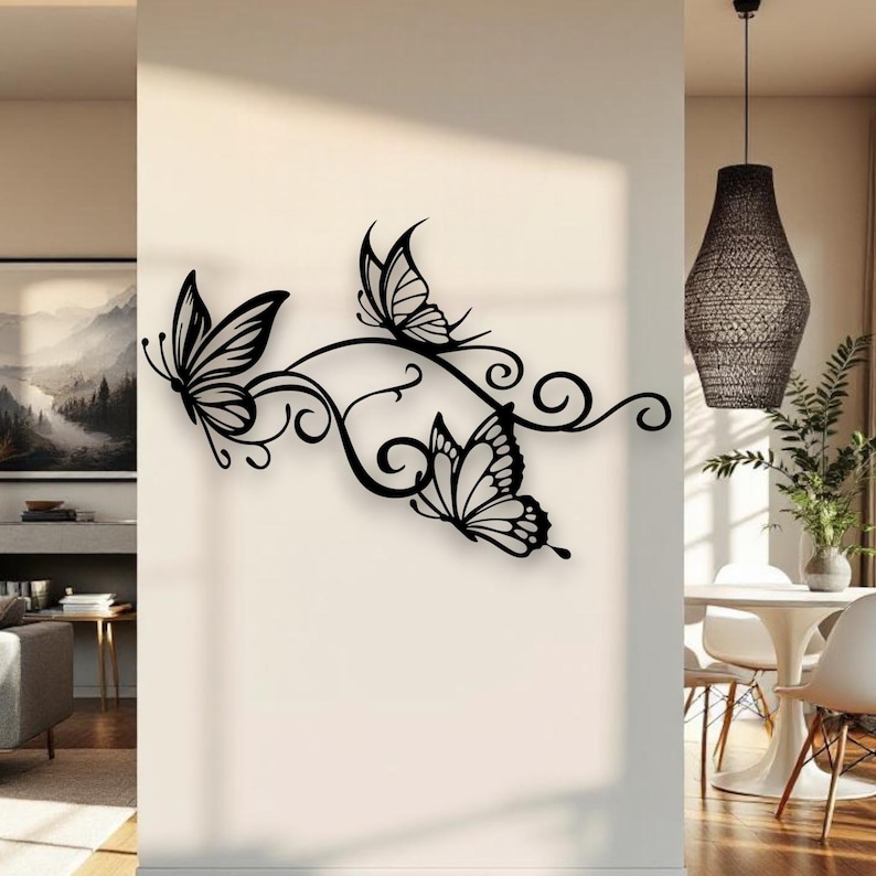 Butterfly and Flower Metal Wall Art – Vine Wall Sculpture, Minimalist ...