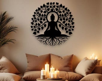 Yoga Tree of Life Metal Wall Art – Meditation Room Decor, Yoga Pose Silhouette Wall Hanging, Mindfulness Gift, Spiritual Home Decor