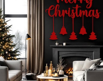 Merry Christmas Metal Wall Decor - Festive Holiday Wall Art Sign, Elegant Metal Christmas Sign for Home, Living Room & Entryway Decoration