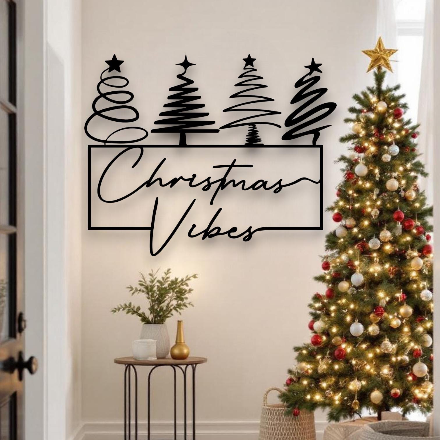 Christmas Vibes Metal Wall Art - Holiday Decor with Christmas Tree,…