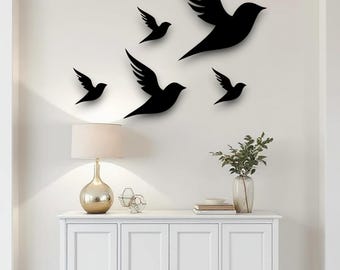 Decoração de parede com bando de pássaros – Arte minimalista de silhueta de pássaro em metal, escultura de parede moderna para casa, conjunto de 5 pássaros, presente de inauguração