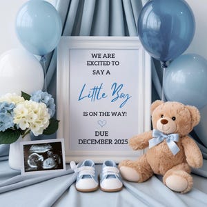 Faire-part de naissance Petit garçon est sur le chemin | Révélateur de grossesse numérique modifiable | de style garçon bleu hortensia | C'est un garçon Toile à télécharger