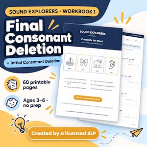 Può includere: Quaderno di esercizi Sound Explorers 1 sulla cancellazione delle consonanti finali e iniziali. Questa risorsa educativa stampabile di 60 pagine include esercizi di logopedia, compiti di completamento parole e monitoraggio dei progressi.