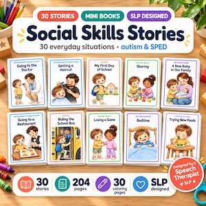 Può includere: Un set di 30 mini libri Social Skills Stories per autismo ed educazione speciale. Le carte presentano illustrazioni di situazioni quotidiane come il medico, la scuola e l'ora di andare a dormire. Include 204 pagine e 30 pagine da colorare, progettate da un logopedista.