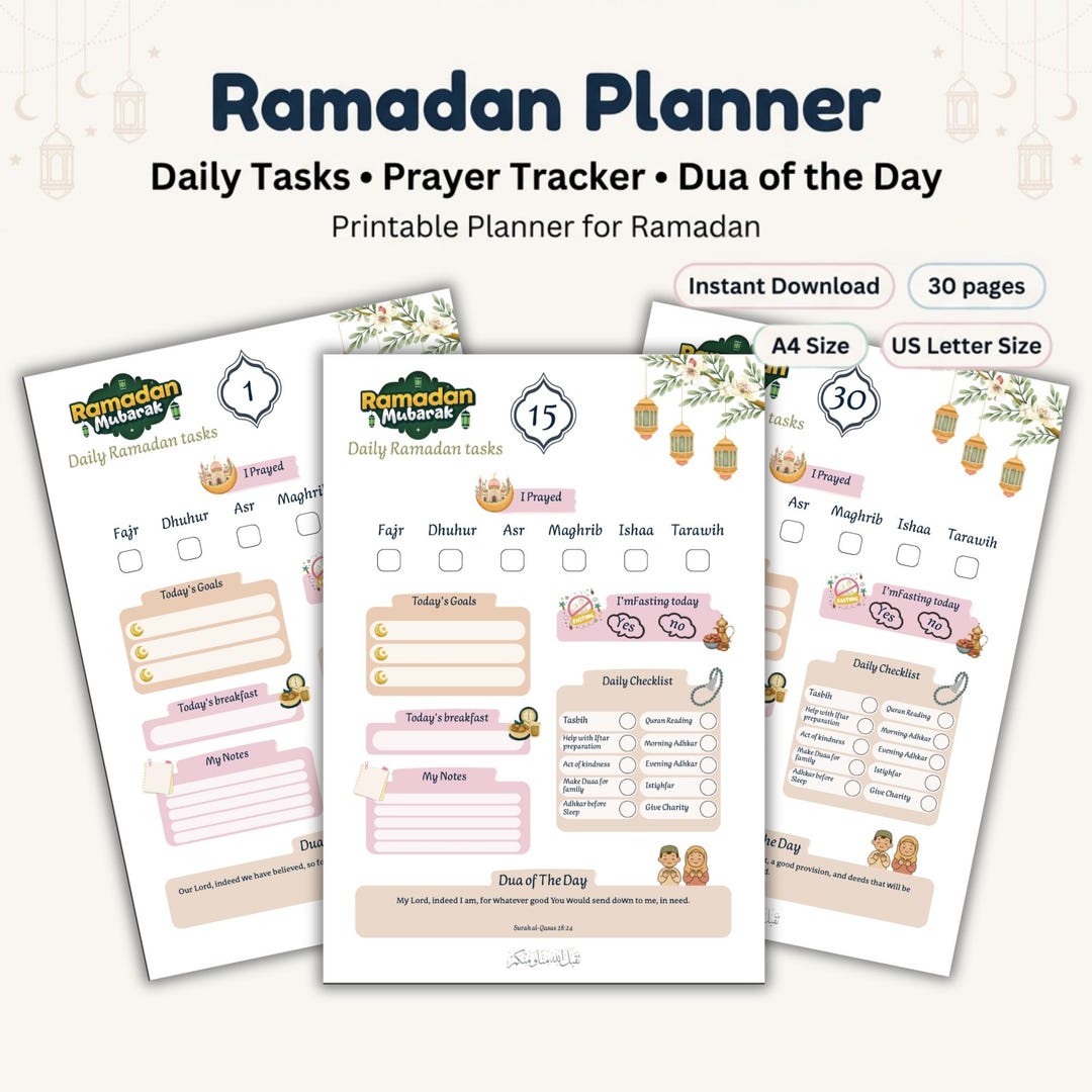Ramadan Planner Printable 30 Days | Daily Salah Prayer & Fasting ...