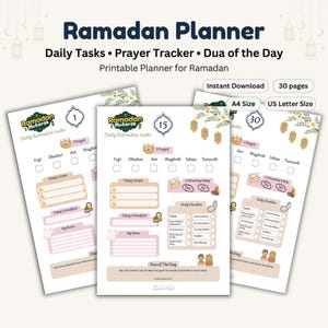 May include: A printable Ramadan Planner with the title "Ramadan Planner" and the text "Daily Tasks • Prayer Tracker • Dua of the Day." The planner includes sections for daily tasks, prayer tracking, and a daily checklist. The planner is available in A4 and US Letter sizes.