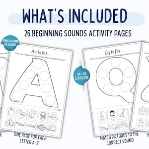 May include: Educational activity pages for beginning sounds. The image shows four white pages with large letters M, A, Q, and X. Each page has pictures and instructions for coloring, cutting, and gluing. The text says "What's Included" and "26 Beginning Sounds Activity Pages."