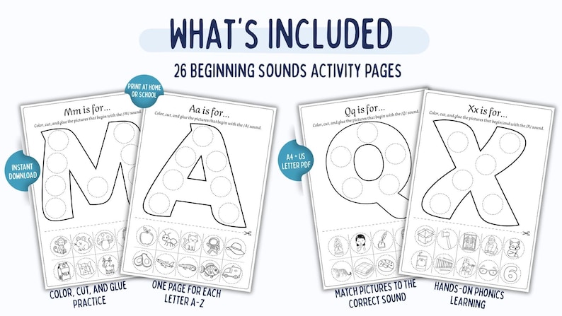 May include: Educational activity pages for beginning sounds. The image shows four white pages with large letters M, A, Q, and X. Each page has pictures and instructions for coloring, cutting, and gluing. The text says "What's Included" and "26 Beginning Sounds Activity Pages."