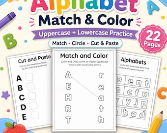 Alphabet Matching Worksheets Preschool Kindergarten, Letter Recognition, Uppercase Lowercase, Cut and Paste ABC Printable
