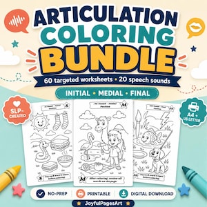 Puede incluir: Un Articulation Coloring Bundle que incluye 60 hojas de trabajo dirigidas para 20 sonidos del habla. La descarga digital contiene tres páginas de actividades en blanco y negro con ilustraciones de animales y objetos, etiquetadas por posición.