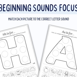 May include: Two white worksheets with the letters "H" and "A" are displayed. The worksheets are for matching pictures to the correct letter sound. The text "BEGINNING SOUNDS FOCUS" and "MATCH EACH PICTURE TO THE CORRECT LETTER SOUND" are at the top.