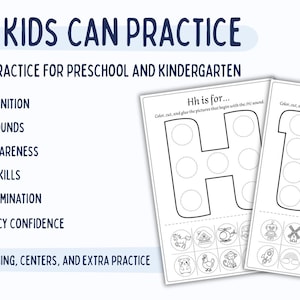 May include: Educational printables for preschool and kindergarten. The image features two worksheets with the letters "H" and "R" outlined with circles for dot markers. The worksheets also include pictures for coloring and cutting. The text reads "Skills Kids Can Practice".